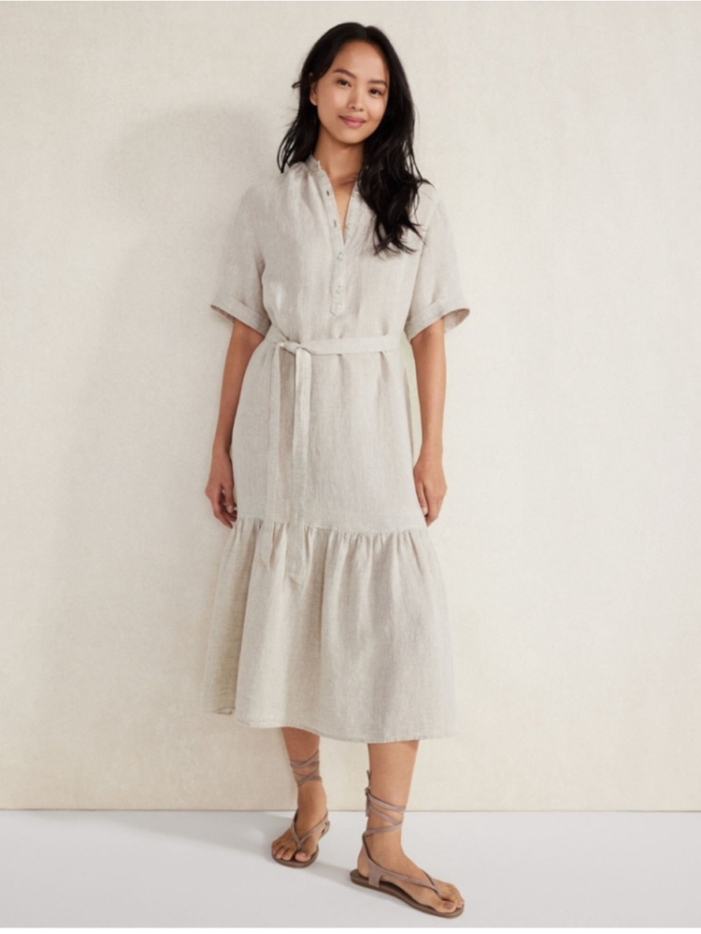 Haven Well Within 100% Linen Dress XS Midi Shirt Dress Tie Waist Cottagecore